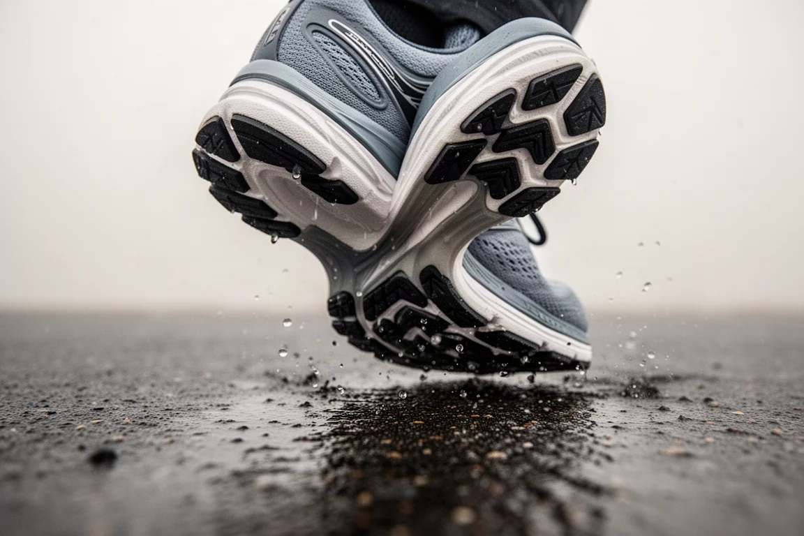 Close-up of a firm running shoe midsole flexing during a stride on tarmac