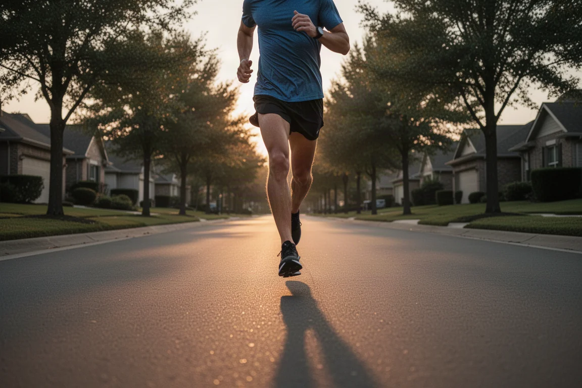 Runner moving at tempo pace along an empty road in soft evening light