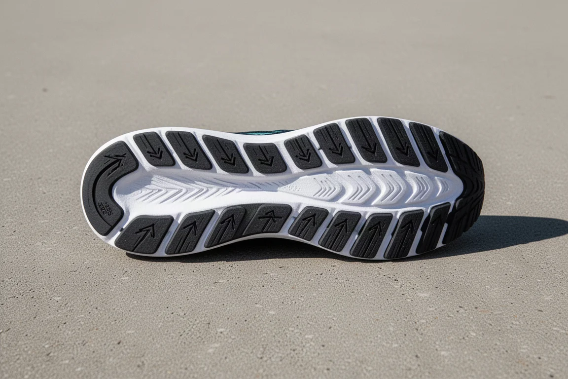 Detailed view of the arrow-pattern rubber outsole on dry pavement