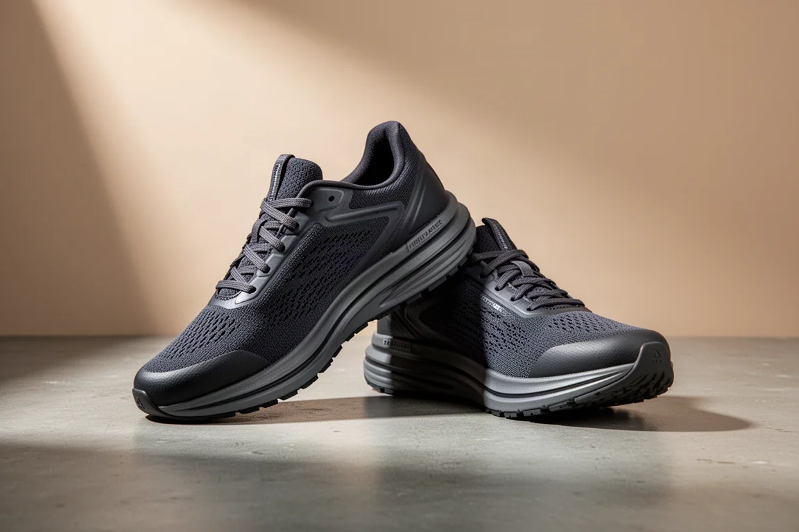 Pair of Brooks-style running shoes on a matte concrete surface
