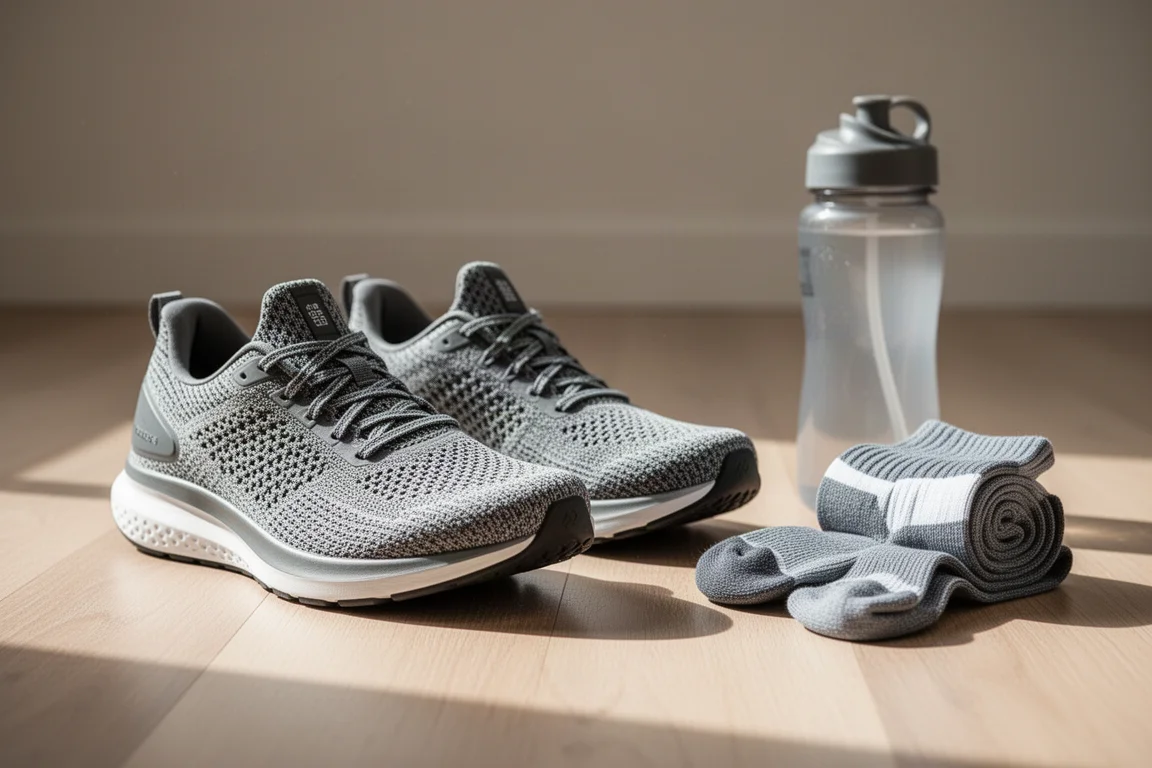 Runner lacing up a knit-upper running shoe on a wooden floor
