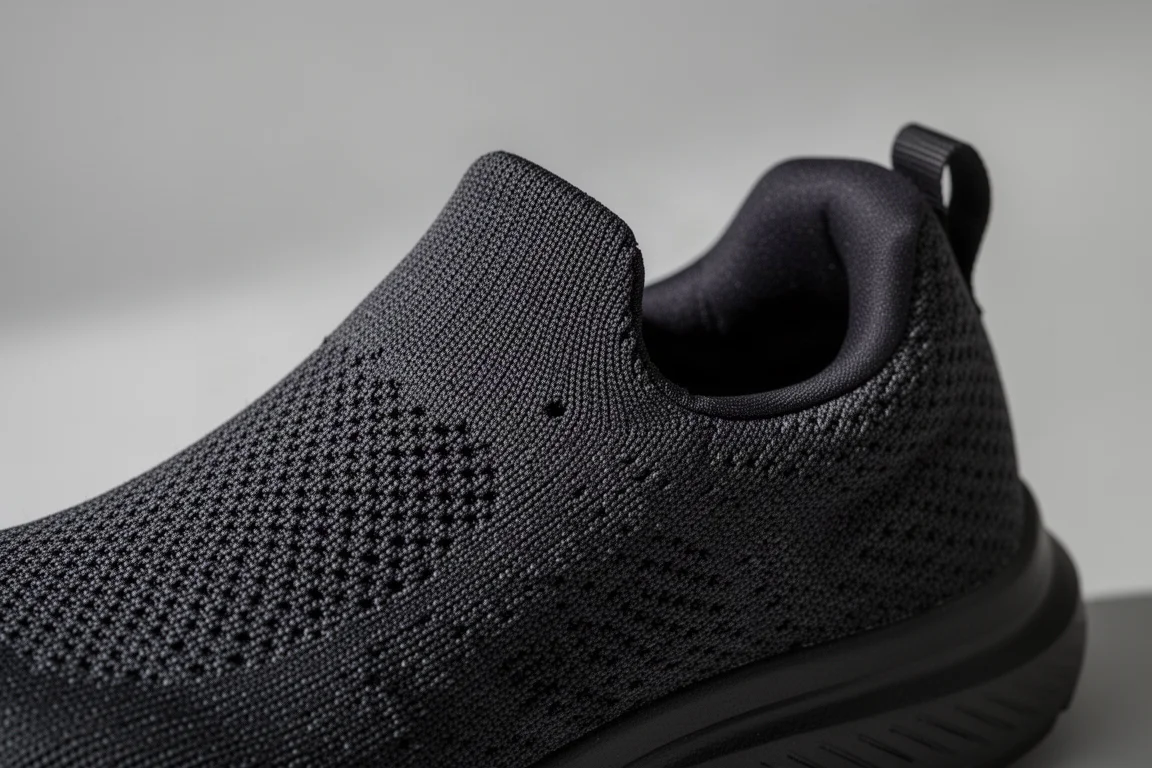 Close-up of a knit running shoe upper and heel collar detail