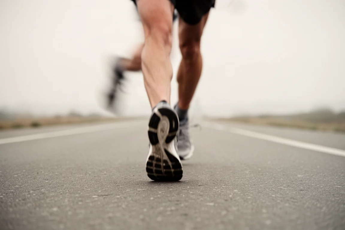 Runner's mid-stride footstrike on smooth asphalt in soft light