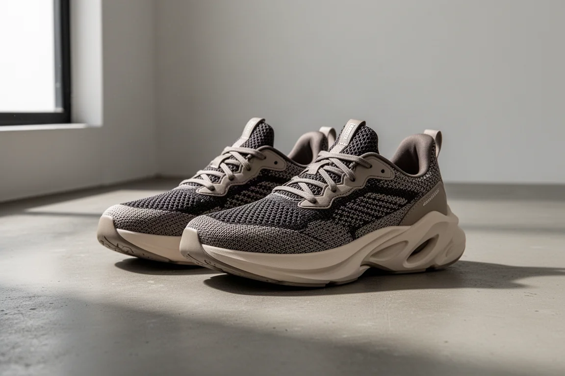 Pair of Brooks Levitate 6 running shoes with knit upper on concrete floor