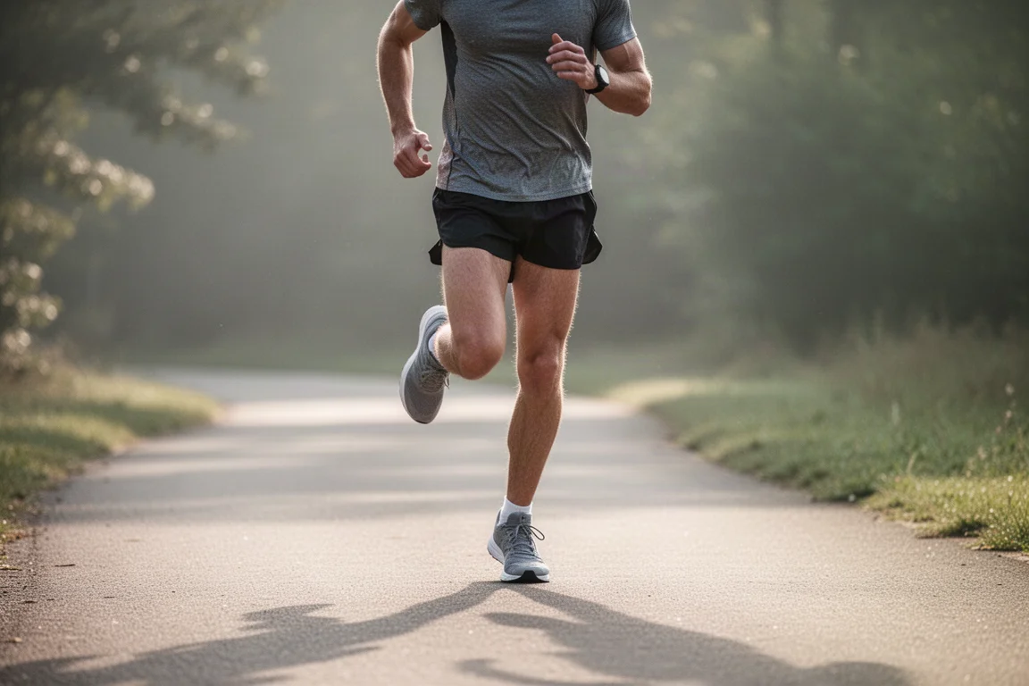 Runner che trotterella su chilometri facili lungo un sentiero asfaltato in luce delicata