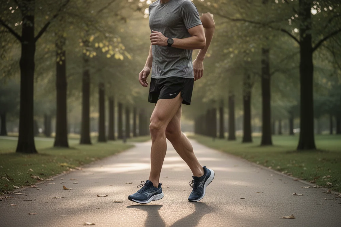 Runner in pausa su un sentiero del parco dopo un allenamento facile