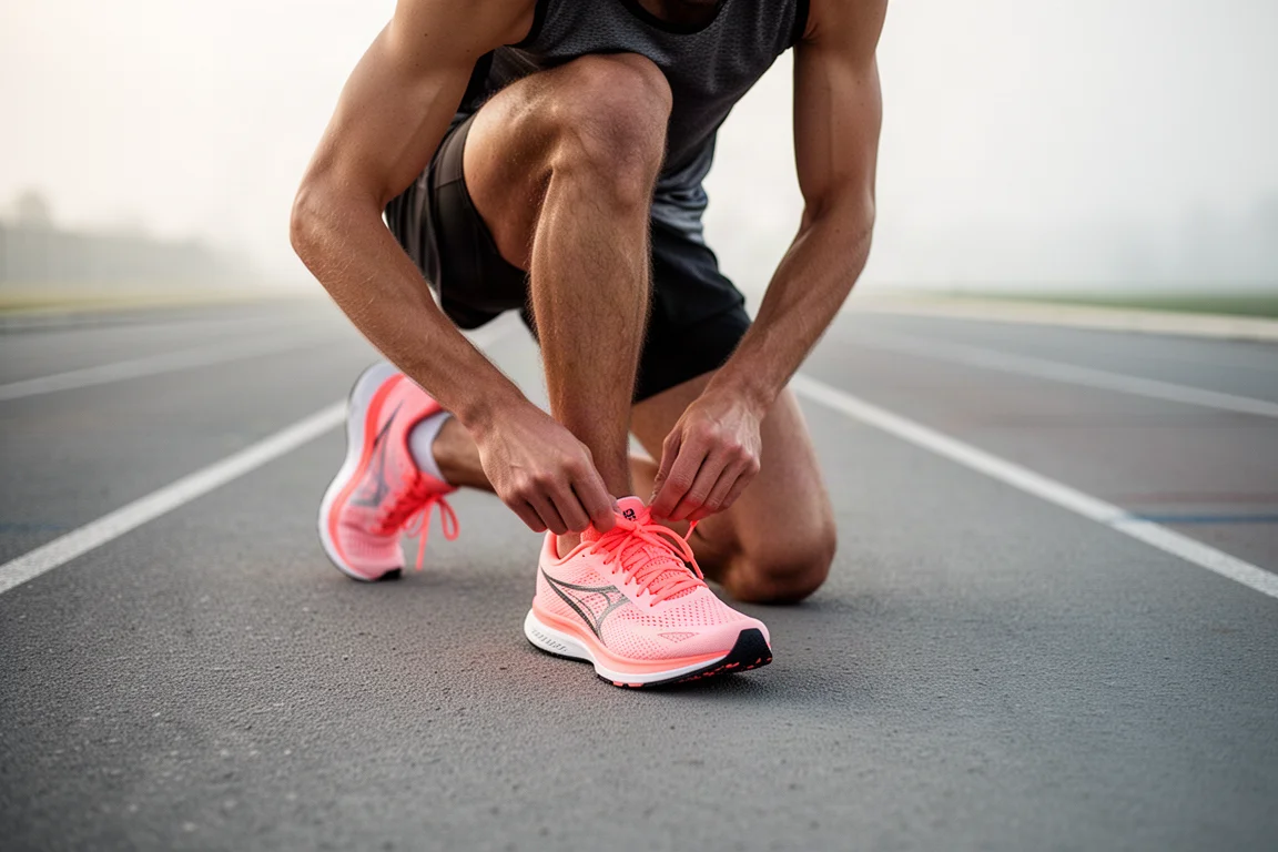 Runner lacing up a lightweight racing shoe on a track before a session