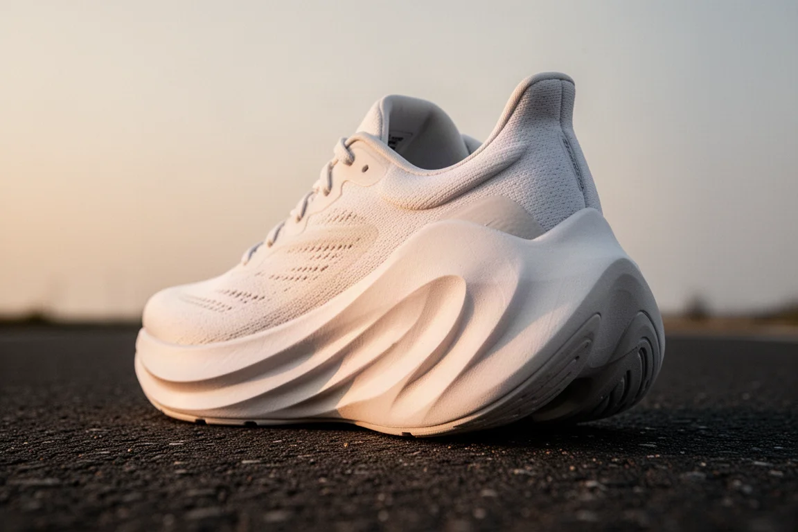 Close-up of thick white midsole foam on a cushioned trainer at sunset