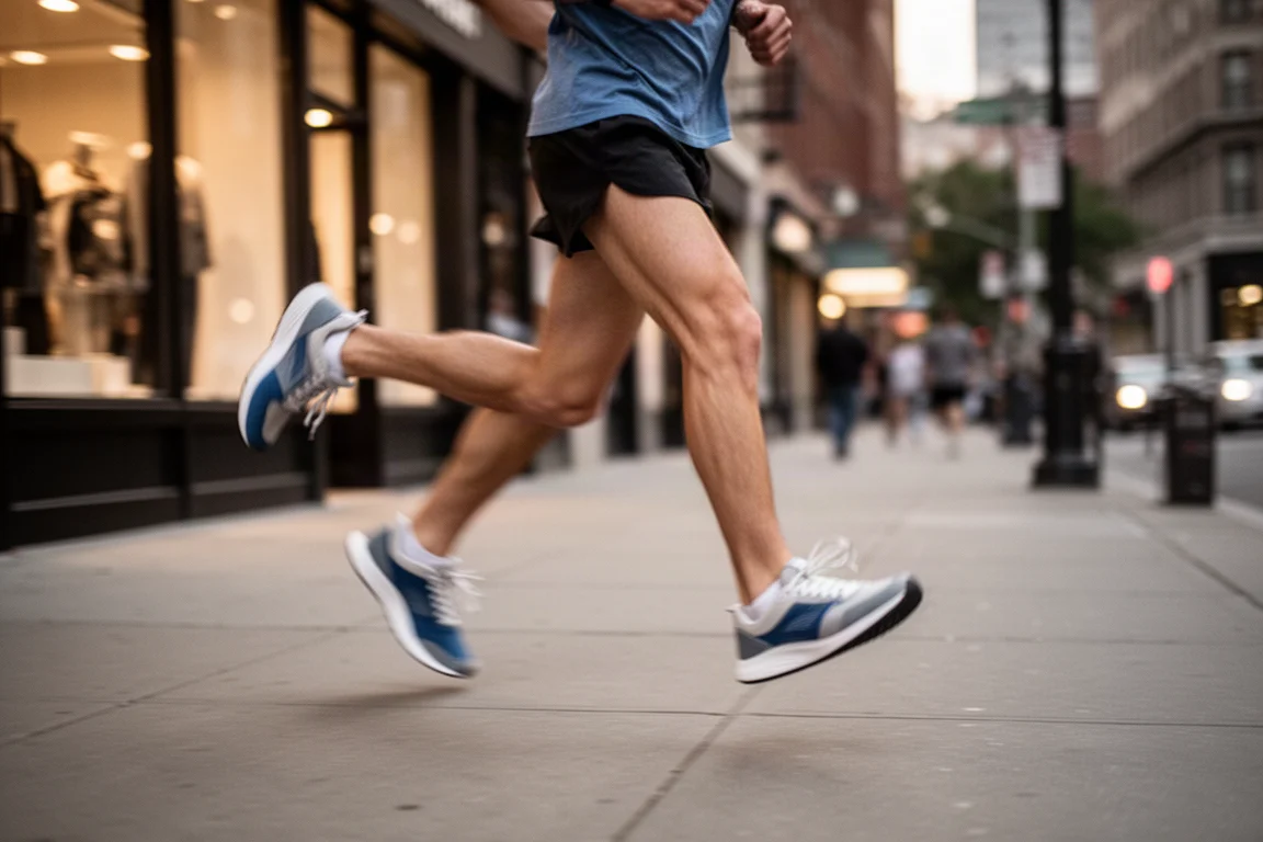 Runner walking a quiet city sidewalk in soft cushioned trainers