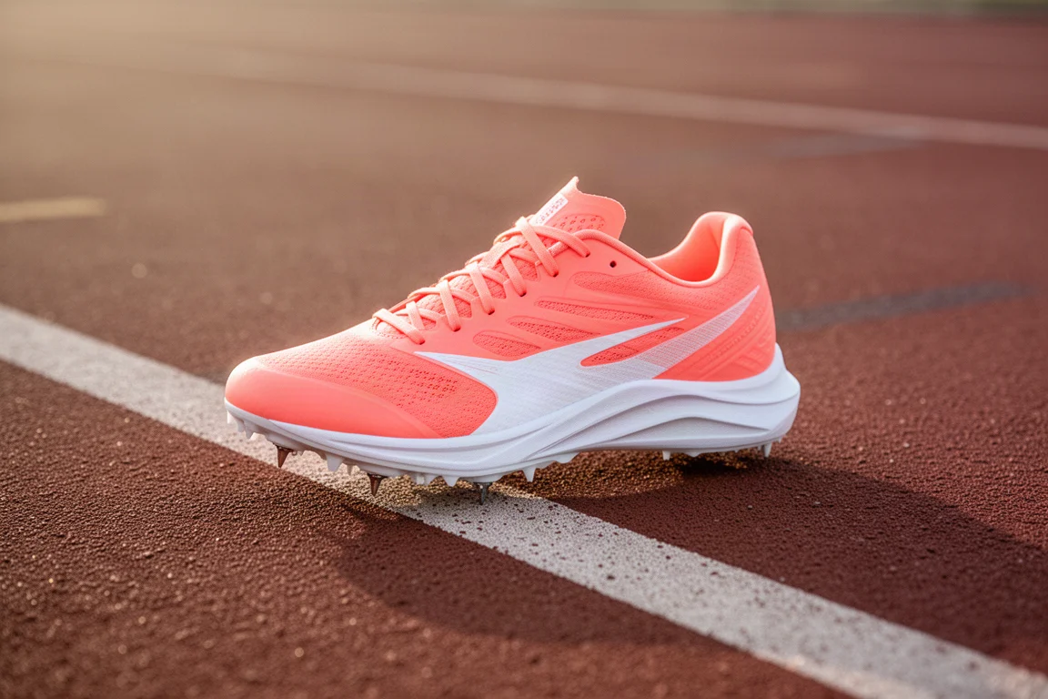 Track spike in coral and white on the infield of a running track
