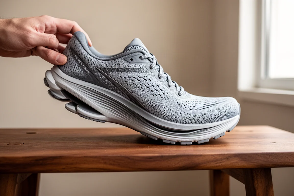 Nahaufnahme einer flexiblen Laufschuh-Mittelsohle, die sich auf einer Holzbank biegt