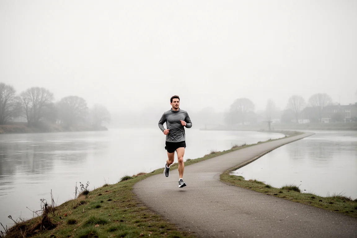 Läufer gleitet auf einem flachen Flussuferweg bei einem entspannten lockeren Lauf
