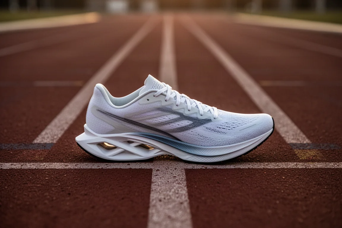 Leichter Wettkampfschuh an einer Startlinie einer Leichtathletikbahn in der Dämmerung
