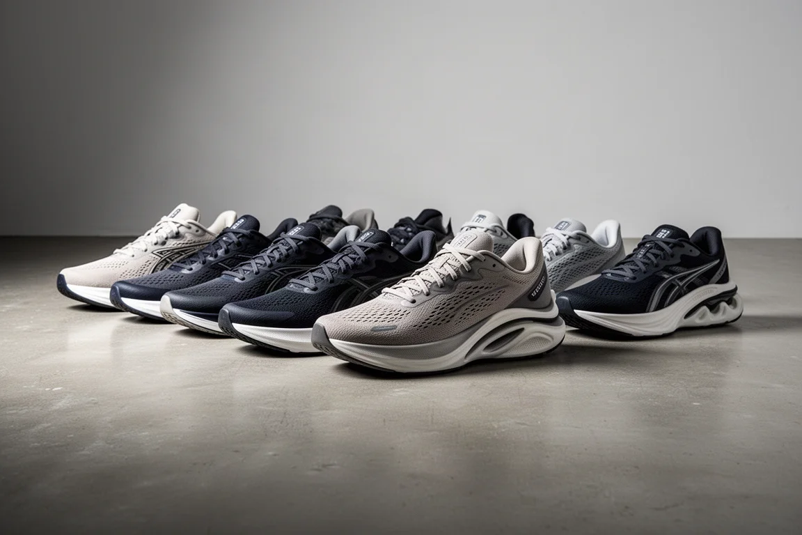 Nine running shoes of varying stack heights lined up on a concrete studio floor
