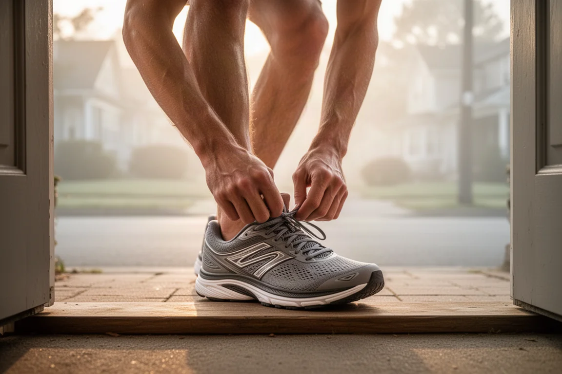Runner lacing up stability running shoes on a doorstep before an early morning run