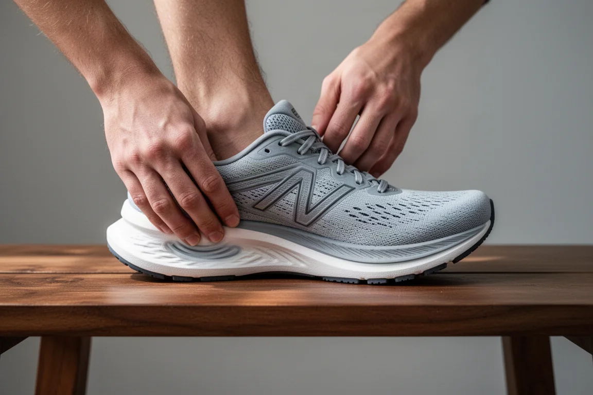 Lightweight running shoe midsole flexing on a wooden bench