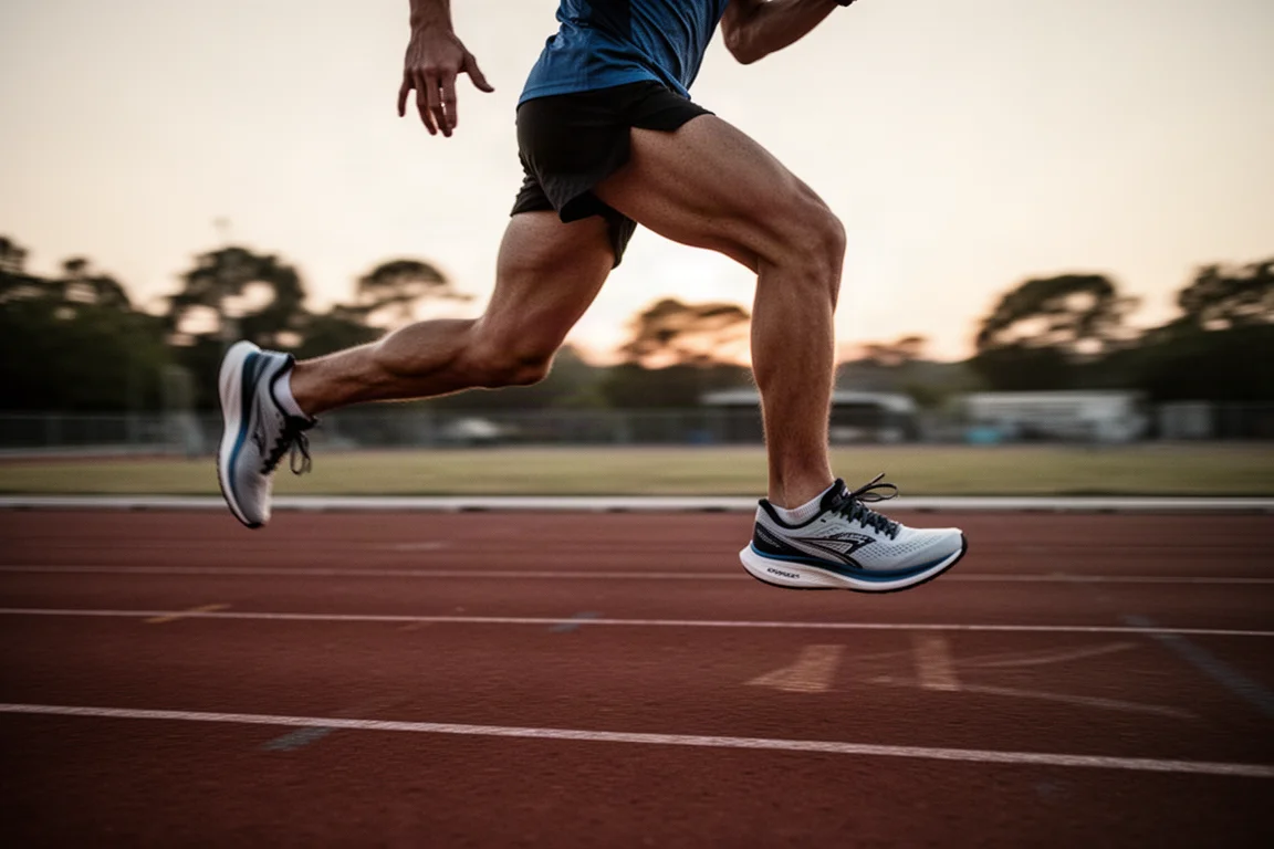 Runner moving through fast intervals on a track in low evening light
