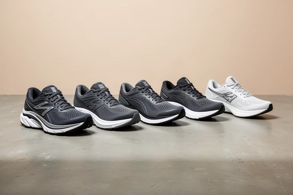 Six Brooks stability running shoes arranged in a row on a concrete surface