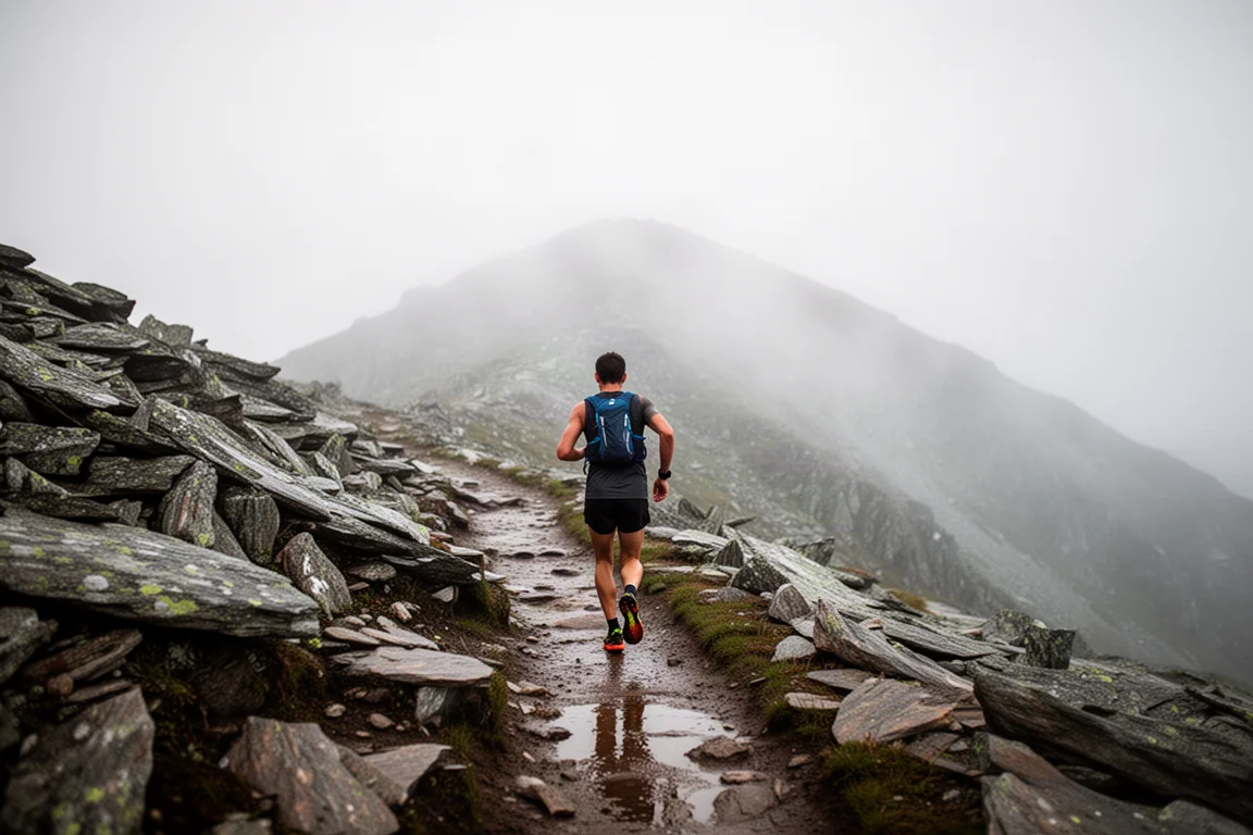 Trail runner su un sentiero di montagna bagnato con cielo coperto