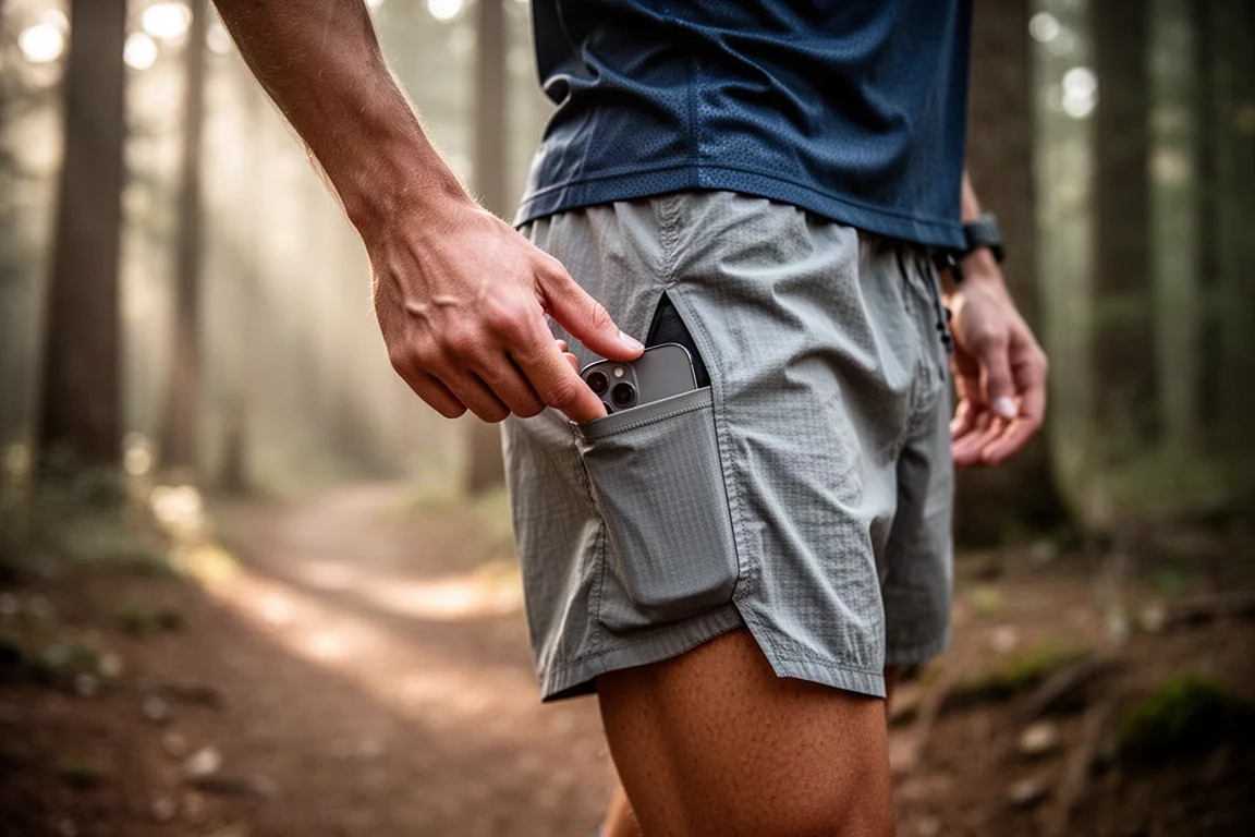 Runner che infila la mano nella tasca posteriore di uno short trail durante la corsa