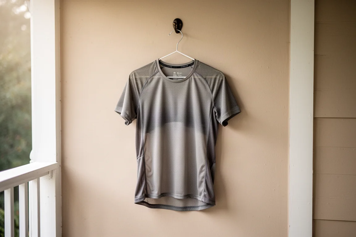 Maglia trail leggera appesa ad asciugare dopo una corsa