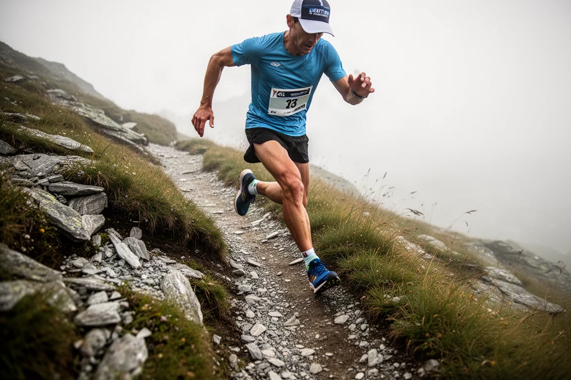 Löpare som sprintar uppför en kort, brant vertikal kilometer-tävlingsbana