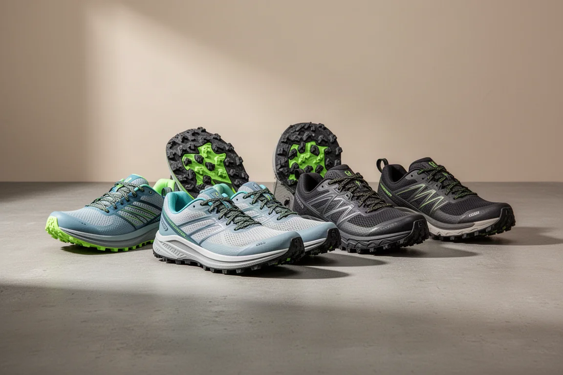Five trail running shoes arranged in a row on a concrete surface