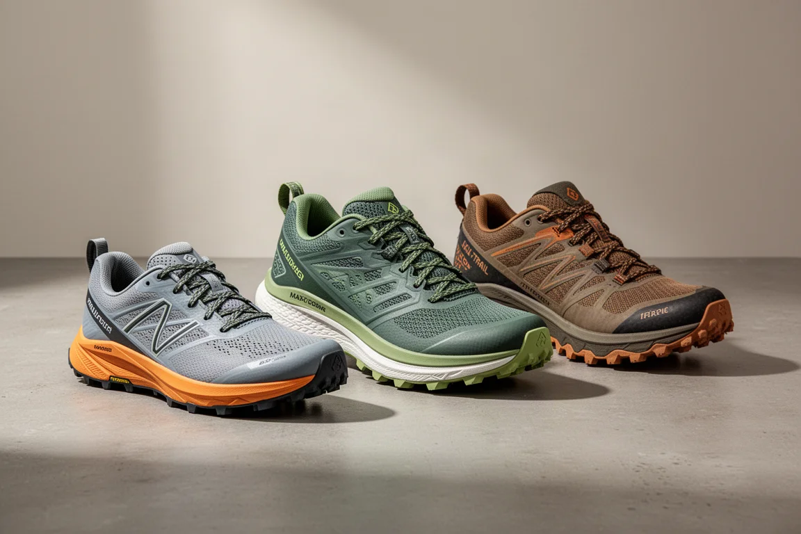 Three Brooks trail running shoes arranged on a concrete surface