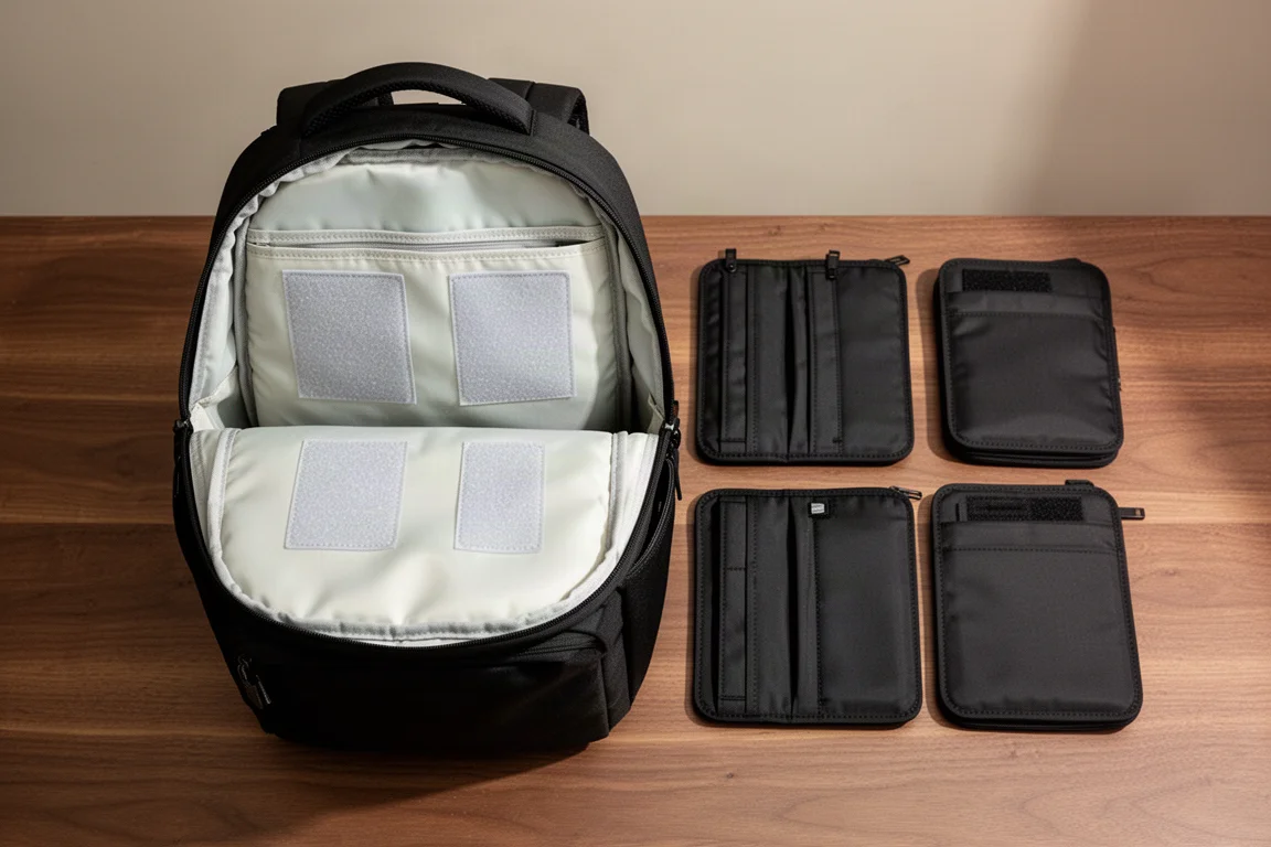 Rucksackinnenraum mit Klettverschluss-Panels und modularen Taschen beim Arrangieren