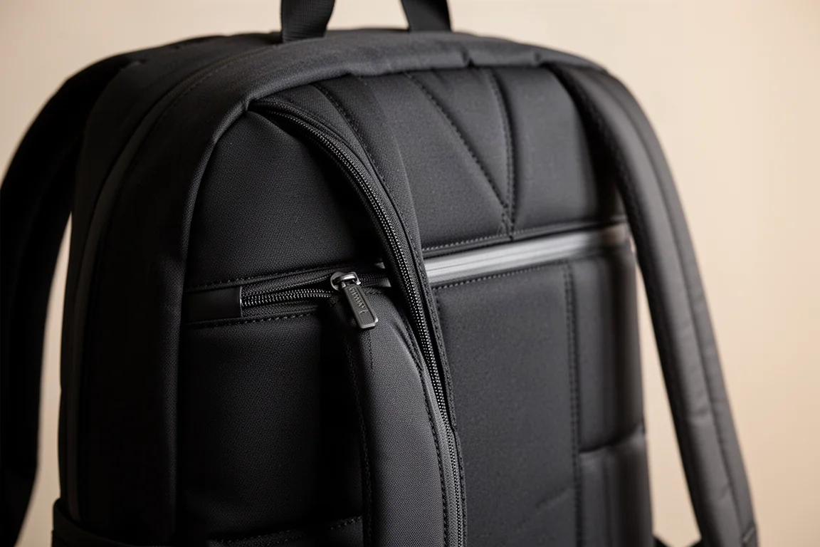 Nahaufnahme eines flachen Laptopfach-Reißverschlusses, fast bündig mit der Rückenpolsterung eines Rucksacks