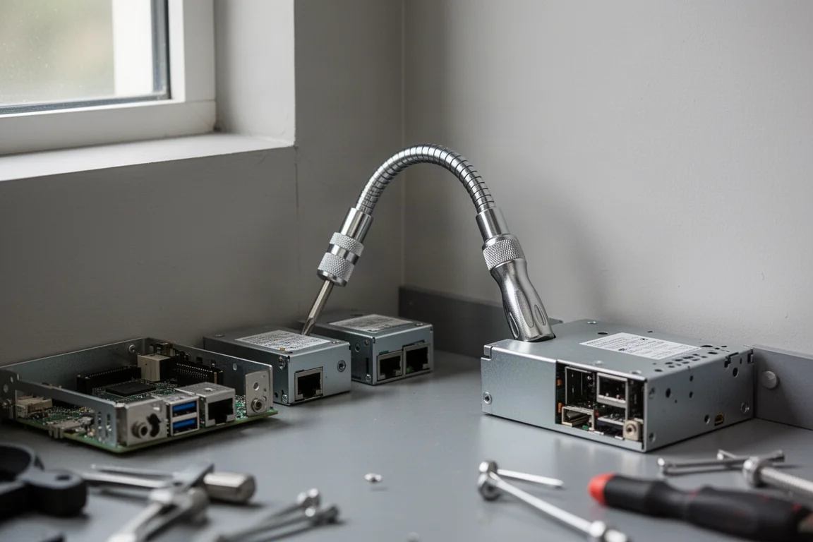 Main positionnant le tournevis flexible dans un espace encastré et étroit