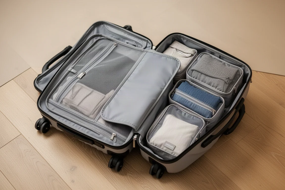Interiör av öppen handbagageväska med meshfickor och packkuber
