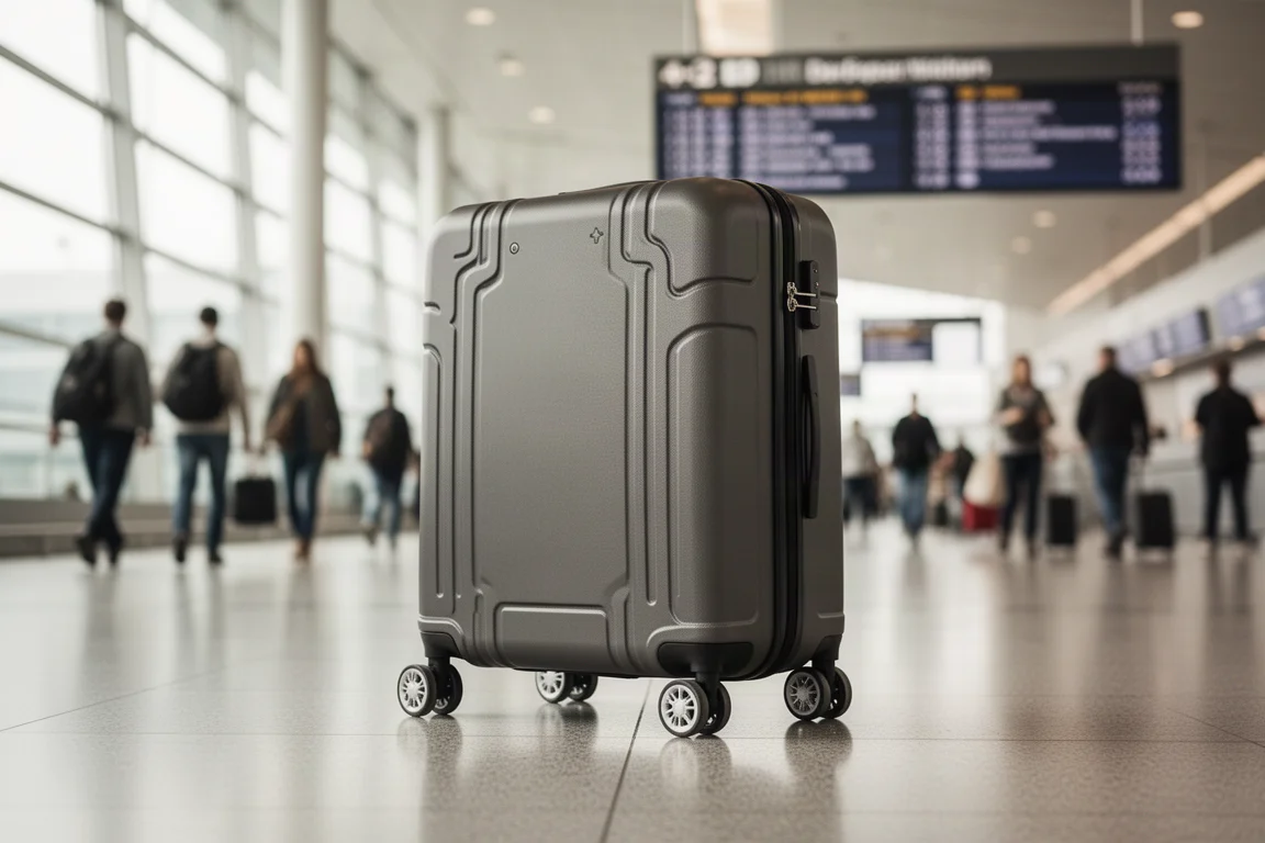 Hard shell-spinnerväska i en flygplatsterminal bredvid en avgångstavla