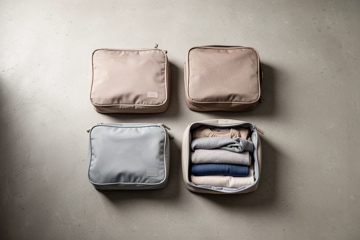 Flat lay av packkuber och fickor organiserade på en betongyta