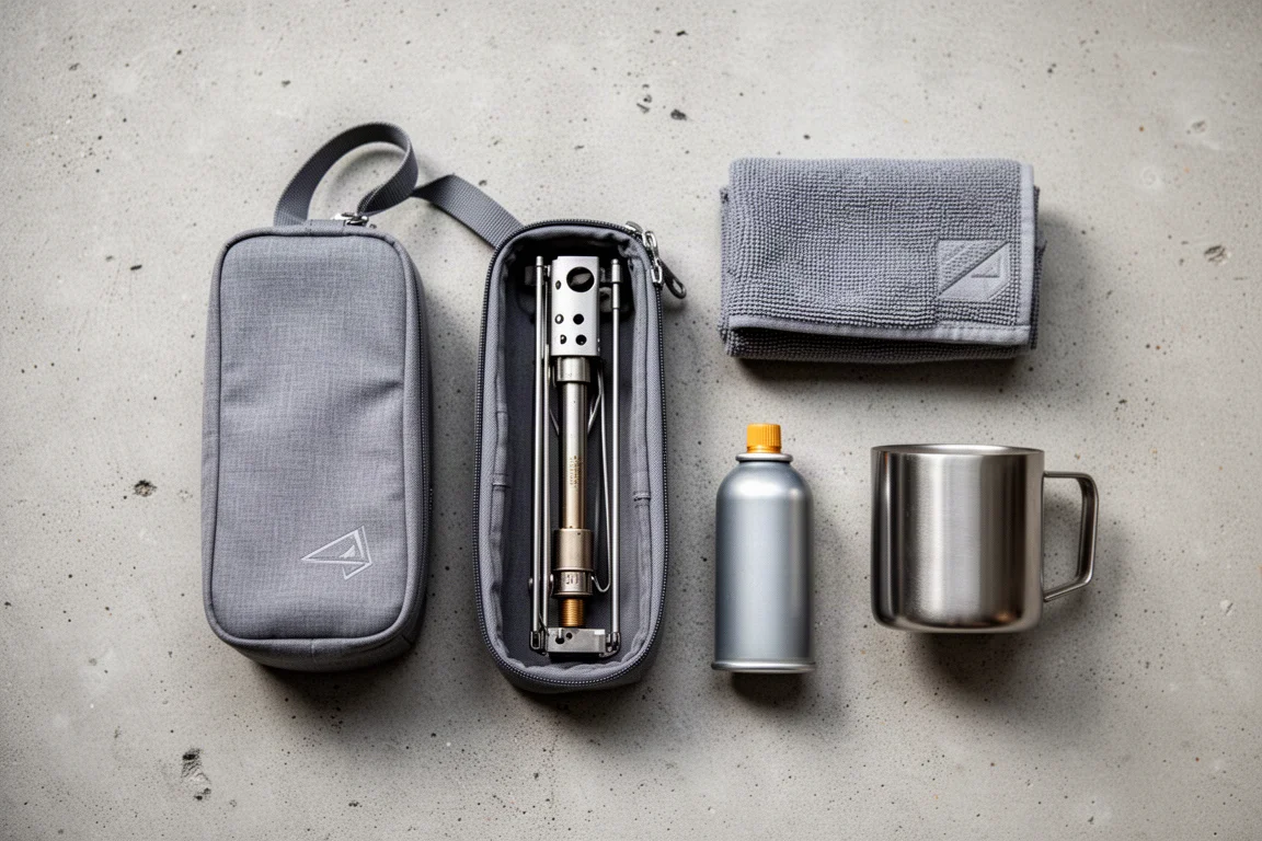 Funda de transporte compacta de tela para un hornillo de camping plegable con una sola cremallera y asa
