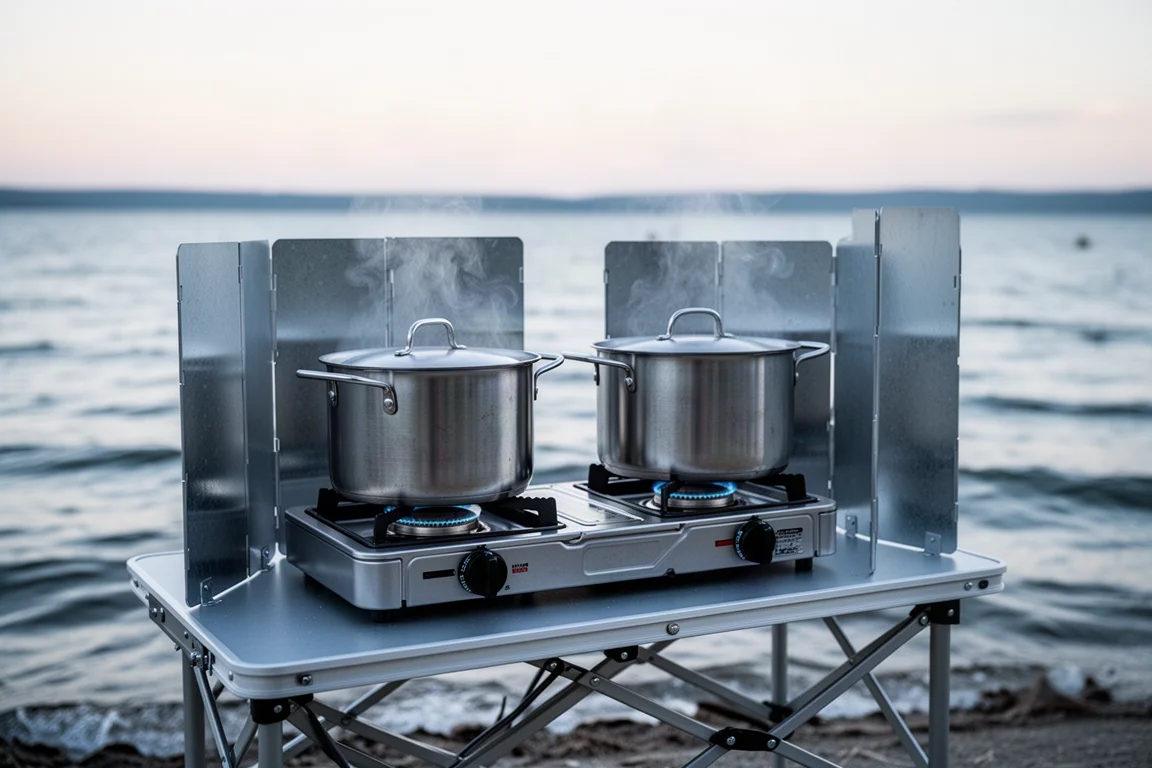 Hornillo de camping de dos fuegos cocinando sobre una mesa plegable junto a un vehículo abierto en la hora dorada