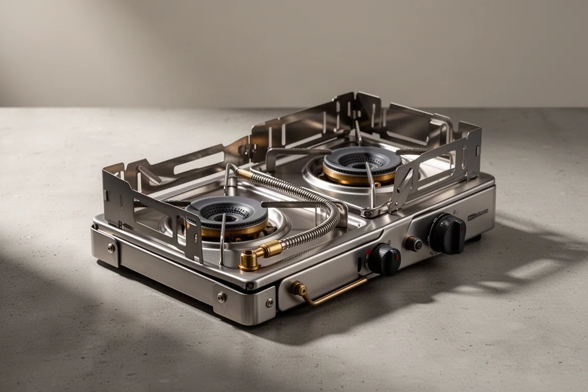 Slim folding dual burner camping stove half opened on a concrete surface