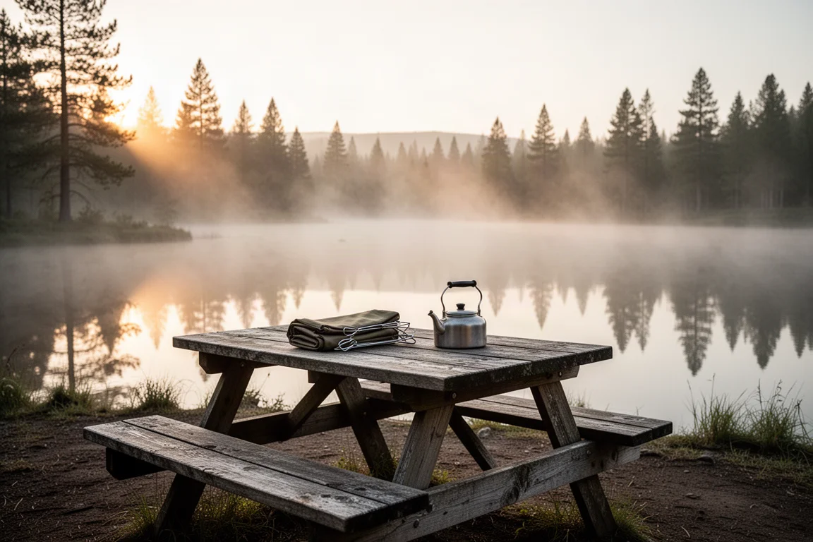 Emplacement de camping au bord d'un lac à l'aube avec table de pique-nique, ensemble de cuisine et brume sur l'eau
