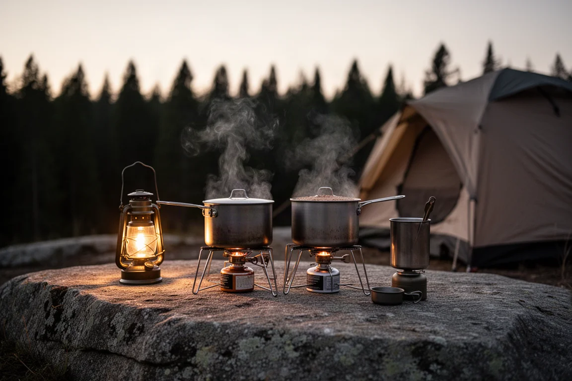 Cuisine de camp au crépuscule avec deux casseroles qui mijotent, une lanterne et une tente en arrière-plan