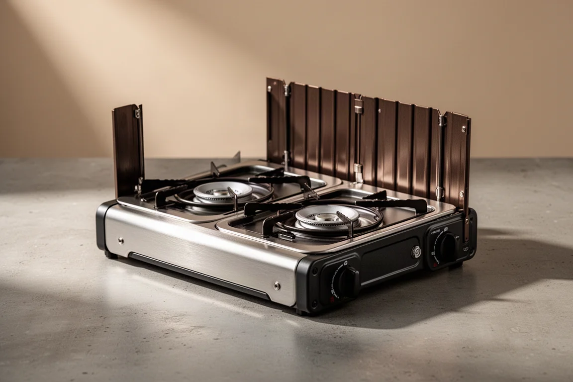 Foldable double burner camping stove half unfolded on a matte concrete surface