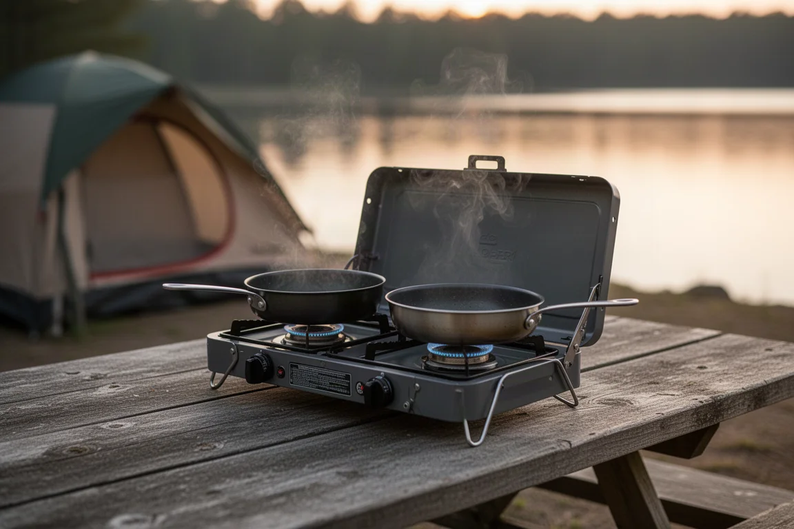 Fogareiro de camping duplo dobrável montado sobre uma mesa de piquenique em um acampamento à beira do lago ao anoitecer