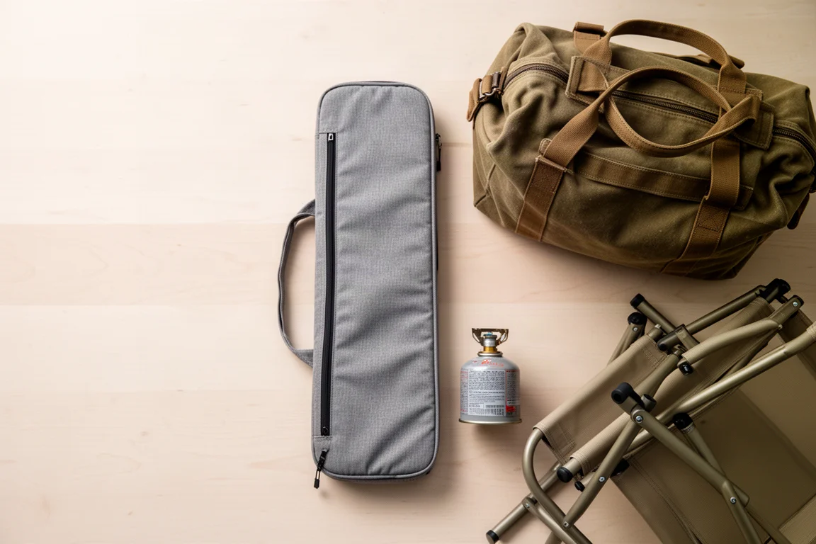 Estojo fino com zíper do fogareiro deitado ao lado de uma mochila de viagem e equipamentos de camping