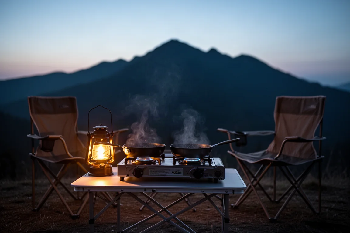 Fogareiro de duas bocas sobre mesa dobrável ao anoitecer com luz de lanterna e cadeiras de camping