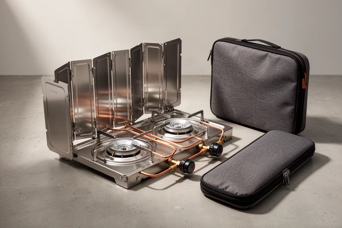 Folding double-burner camping stove partly unfolded on concrete beside its zippered storage case
