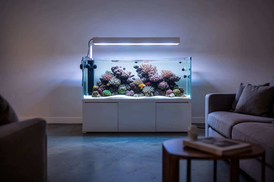 Hell erleuchtetes Riffaquarium in einem dunklen Wohnzimmer am Abend