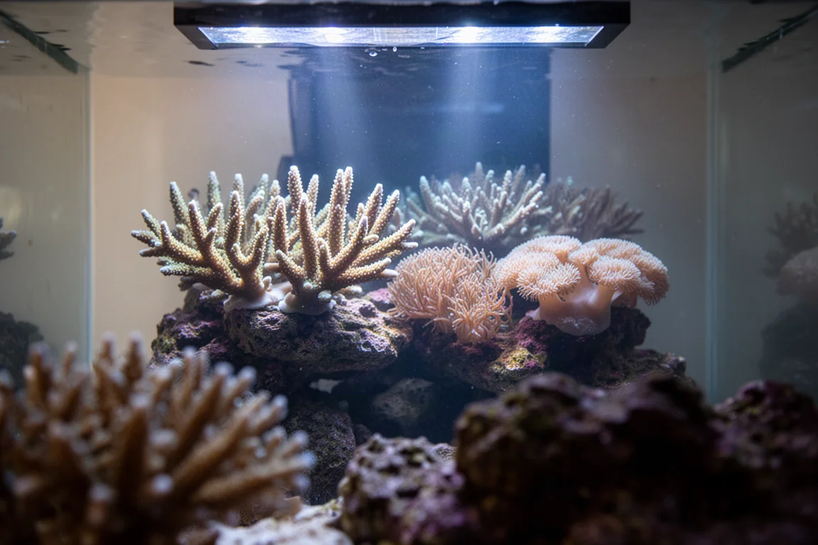 Verzweigte Steinkorallen und weiche Lederkorallen, die dicht beieinander in einem beleuchteten Riffaquarium wachsen