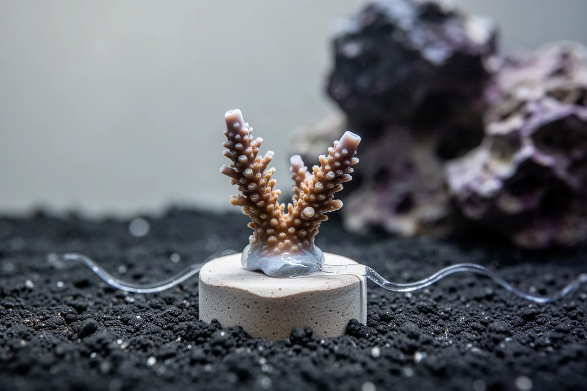 Frisch montierter Korallen-Ableger auf einem Keramik-Plug, der auf dunklem Aquariensubstrat liegt