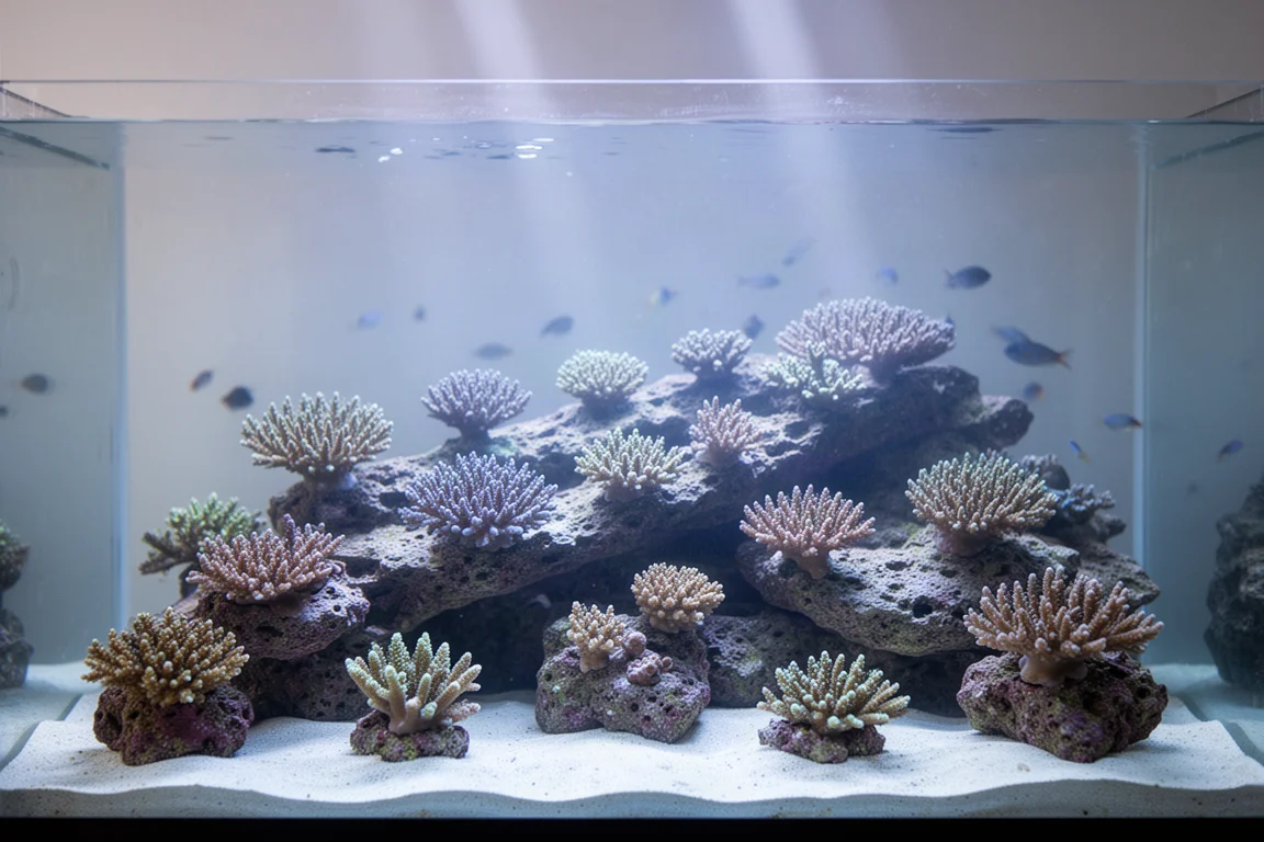 Riffaquarium-Aquascape mit nach dem Rückschnitt auseinandergesetzten Korallenkolonien