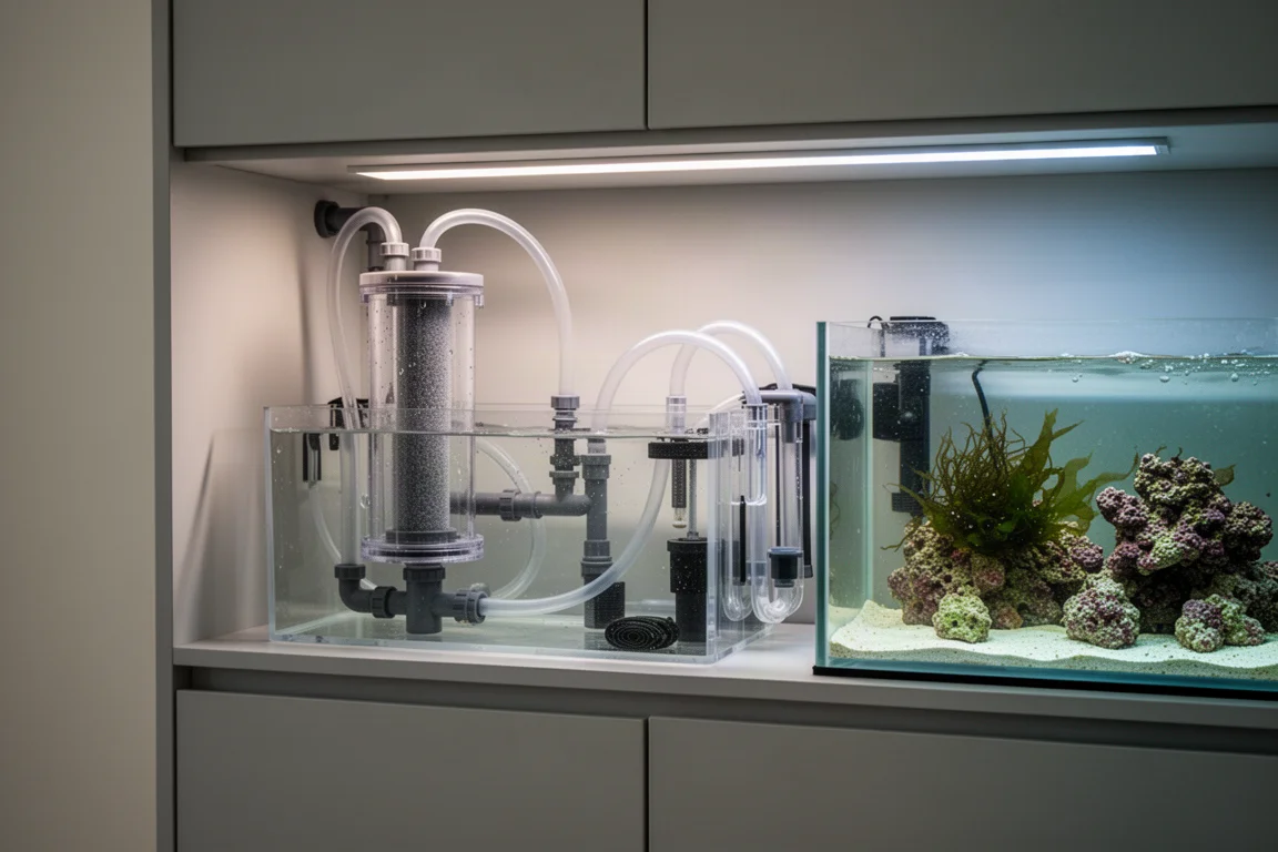 Reef aquarium sump with a clear media reactor plumbed into the system
