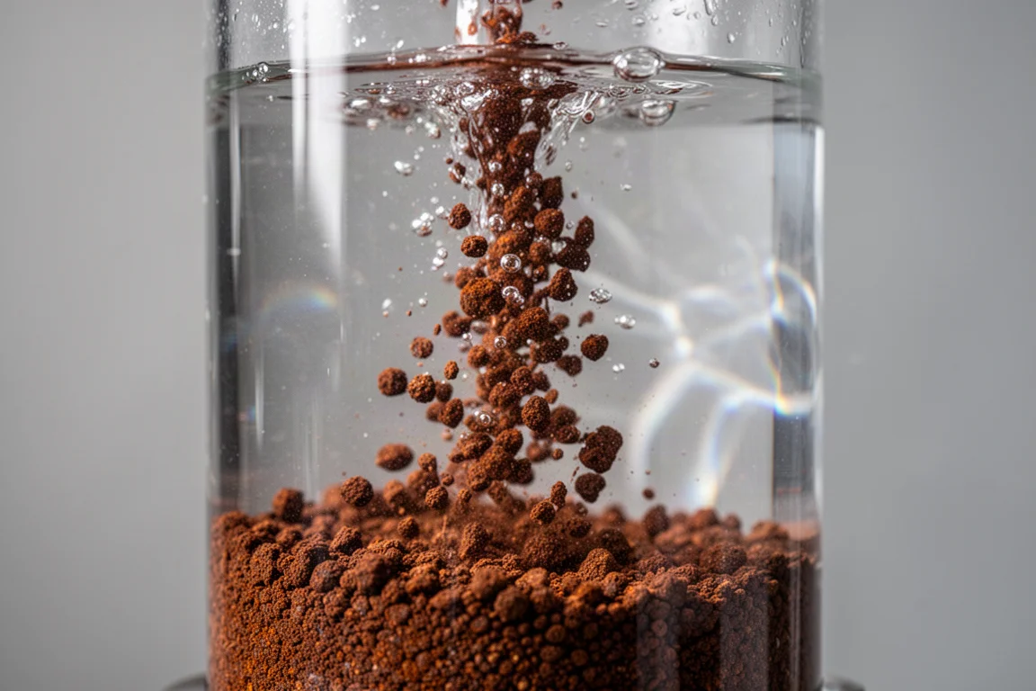 Macro view of rust-brown filter granules tumbling inside a clear reactor chamber